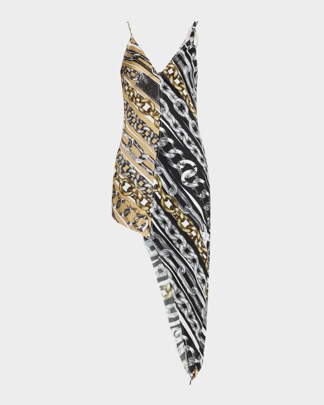 Chain-Print Crystal-Link Asymmetric Mini Slip Dress